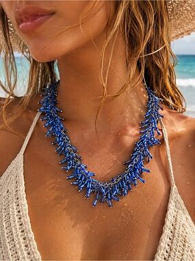 Blue Beaded Fringe Statement Necklace